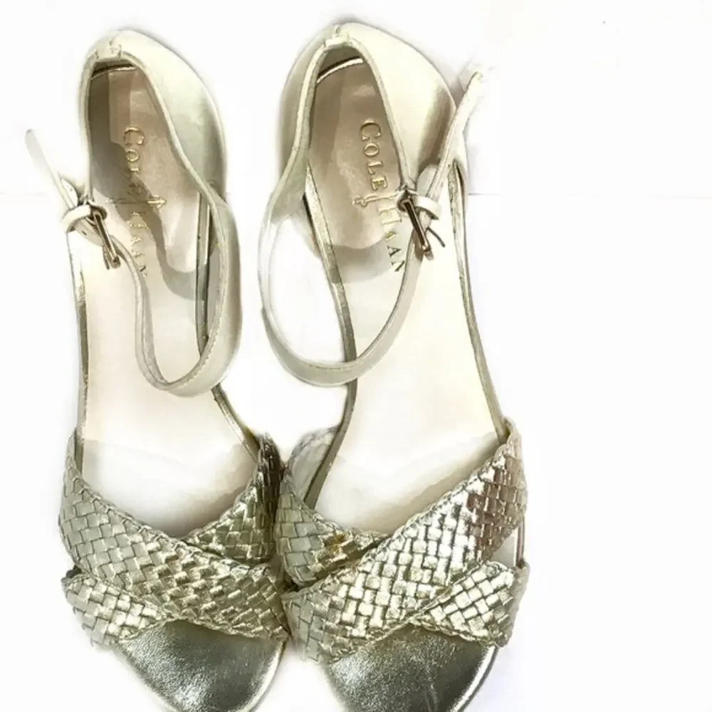 Cole Haan Wedge Sandals Nike Air Platform Silver Cream White Strappy Size 9.5